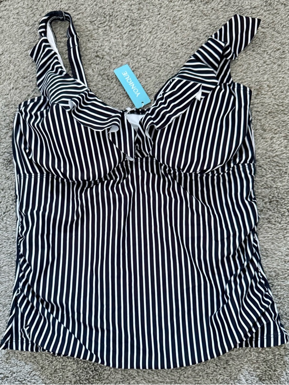 Younique Black and White Striped Ruffle V-Neck Bathing Suit Top (XL) - Picture 3 of 5